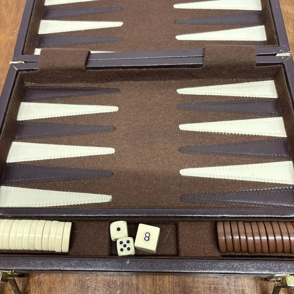 Vintage Chouette Travel Backgammon Set Attaché Case Complete Dice Cups Rules